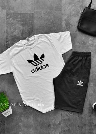 Летний комплект шорты и футболка adidas (адидас) (белая футболка ,темно серые шорты с белым лого) большой лого