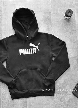 Тепла чоловіча толстовка puma (пума) зима чорна (велика емблема) кенгуру худі тепла зимова