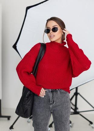 Жіночий светр в'язаний стильний теплий червоний з коміром