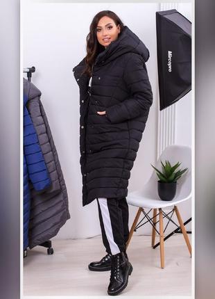 42-52р зимнее пальто плащевка стеганое с капишоном удлиненная куртка длинная черный2 фото