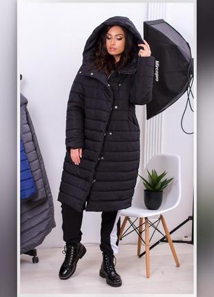 42-52р зимнее пальто плащевка стеганое с капишоном удлиненная куртка длинная черный1 фото