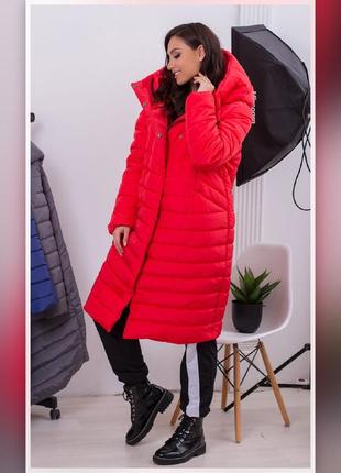42-52р зимнее пальто плащевка стеганое с капишоном удлиненная куртка длинная красный бордо