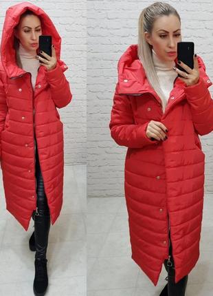 42-52р зимнее пальто плащевка стеганое с капишоном удлиненная куртка длинная красный бордо6 фото