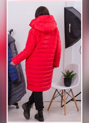 42-52р зимнее пальто плащевка стеганое с капишоном удлиненная куртка длинная красный бордо8 фото