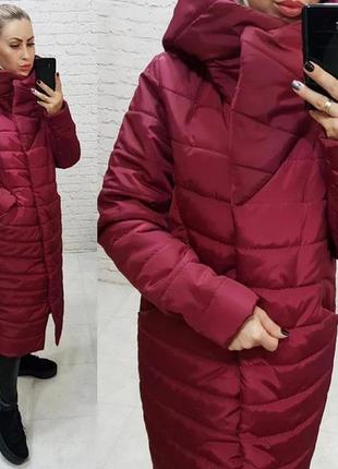 42-52р зимнее пальто плащевка стеганое с капишоном удлиненная куртка длинная красный бордо9 фото