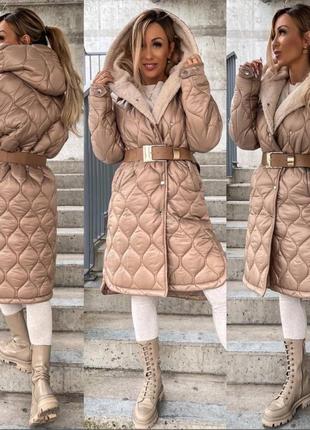 Жіноче стьобане пальто на каптурі хутро тедді силікон 1504 фото