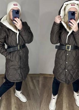 Жіноче стьобане пальто на каптурі хутро тедді силікон 1505 фото