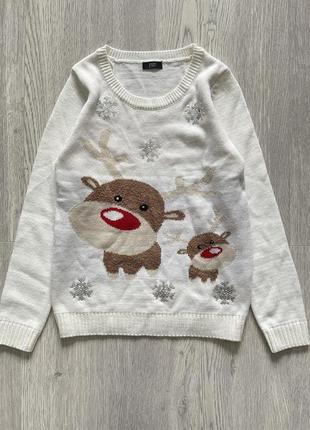 Крутий светр кофта новорічний олень молочний f&f розмір xs-s