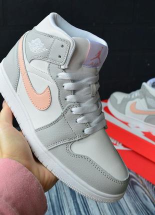 Nike air jordan 1 retro кроссовки серые с розовым женские кожаные зимние с мехом отличное качество ботинки сапоги высокие теплые найк джордан6 фото