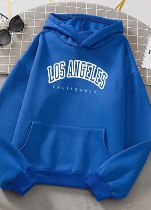 Тепле жіноче худі з написом 'los angeles' з м'якої тринитки на флісі (білий, чорний, рожевий, електрик)