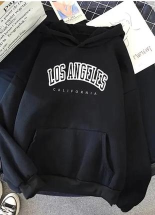 Тепле жіноче худі з написом 'los angeles' з м'якої тринитки на флісі (білий, чорний, рожевий, електрик)