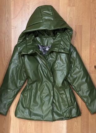 Теплая зимняя кожаная куртка экокожа искусственная кожа с капюшоном с карманами пальто экокожа экожа2 фото