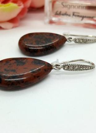 ❤️🌼 сережки з підвісками "краплі" натуральний камінь коричневий обсидіан5 фото