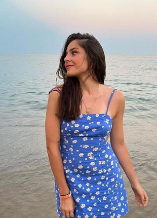 Сукня сарафан плаття синє в ромашки квітковий принт вирізи zara xs s 8372/092