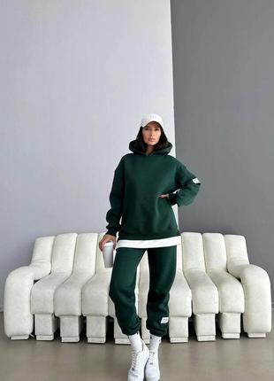 Женский теплый флисовый спортивный костюм темно зеленый осенний зимний6 фото