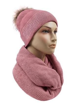 Вязаный комплект зимняя тёплая шапка и шарф снуд хомут женский к8