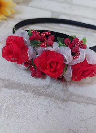 Обруч обідок на голову для дівчинки з квіткою трояндами1 фото