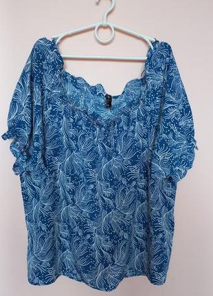 Синяя блуза в белые листочки, синяя батальная блуза, блузон оверсайз батал 56-60 г.1 фото