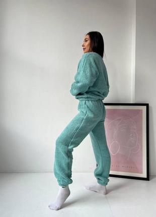 Тепла махрова піжама домашній комплект зимовий кофта вільного крою штани з високою посадкою на резинці тепла7 фото