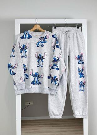 Серый тёплый спортивный костюм  стич stitch  на флисе свитшот и джоггеры