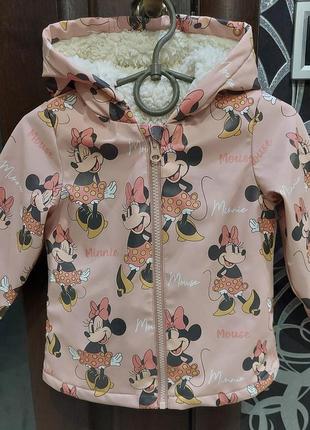 Куртка, дождевик прорезиненая на меху с минни tu от disney, пудра 1-2 года