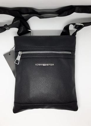 Мужская кожаная сумка. черная сумка. сумка томми халфиджер. подарок мужчине1 фото
