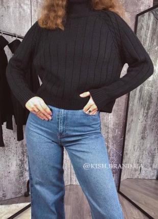 Черный теплый женский свитер с высоким воротником one size
