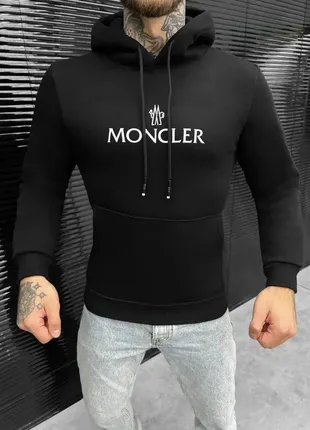 Стильне чоловіче худі moncler чорне на флісі, чоловічий демісезонний чорний худі moncler на флісі мо