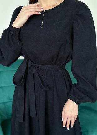 Трендовое платье миди вельветовое с поясом рукавами фонариками воланами юбка широкая свободного кроя3 фото