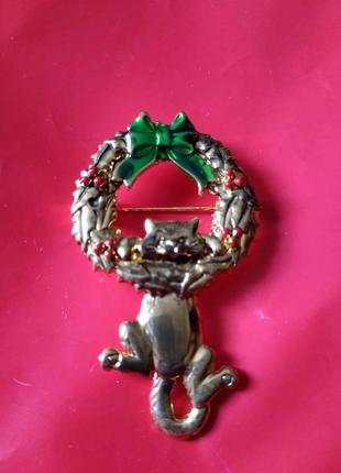 Брошка новорічний різдвяний віночок з котом