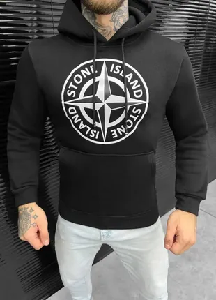 Стильне чоловіче худи stone island чорне на флісі, чоловічий демісезонний чорний худі на флісі stone