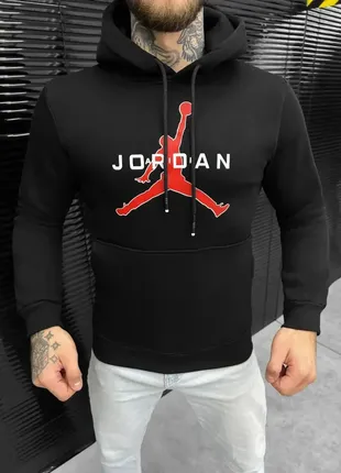 Стильное мужское худи jordan черное на флисе , мужской демисезонный черный худи джордан на флисе jor