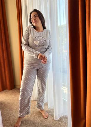 Теплая флисовая пижама с махрой кофта и штаны, пижама из флиса кофточка с брюками, теплый домашний костюм флис8 фото