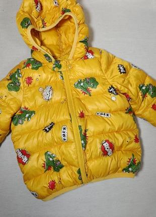 Дитяча куртка з візерунком динозавра колір жовтий 90 см. тепла куртка . куртка з капюшоном.