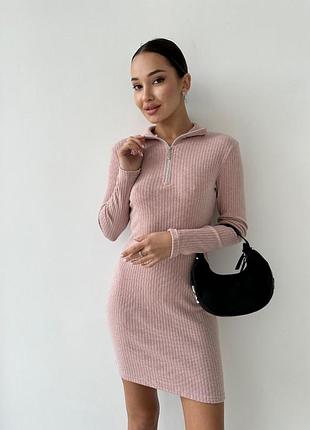 Короткое тёплое платье из ангоры обтягивающее туника гольф водолазка свитер на молнии с воротником чёрное синее розовое пудровое трикотажное мини