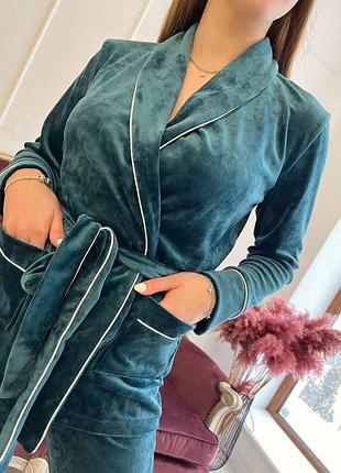 Ізумрудна  велюрова піжама шаль/домашній костюм штани і піджак на запах s-l5 фото