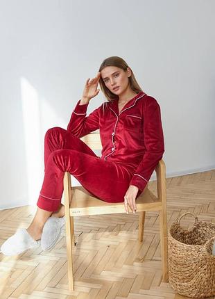 Червона велюрова піжама/домашній костюм сорочка і штани s-l