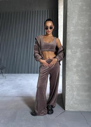 Костюм тройка 3в1 топ кофта на молнии и шырокие брюки велюр