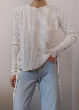 Белый свитер джемпер вязаный пуловер реглан лонгслив кардиган кофта белая с завязками свитер