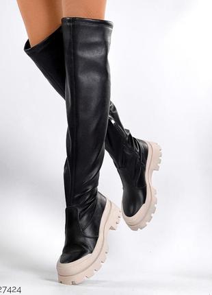 Чорні демісезонні ботфорти чоботи з натуральної шкіри3 фото