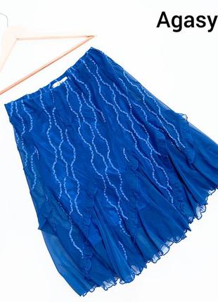 Жіноча синя спідниця міді з принтом хвиль на резинці від бренду agasy