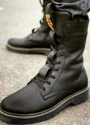 Стильные черные мужские высокие ботинки,берцы зимние, кожаные,натуральная кожа и мех, обувь на зиму5 фото