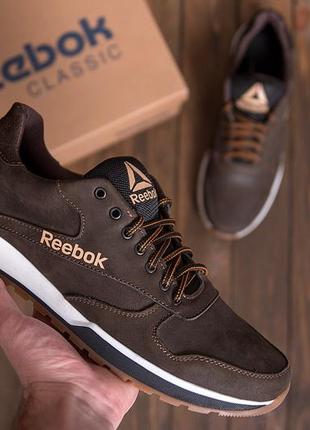 Мужские кожаные кроссовки  reebok classic leather trail chocolate  (в стиле)10 фото
