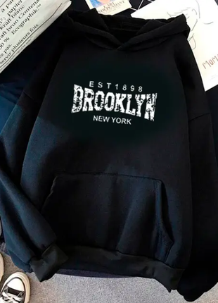 Теплое женское худи с надписью brooklyn из мягкой трехнитки на флисе 178ко3 фото