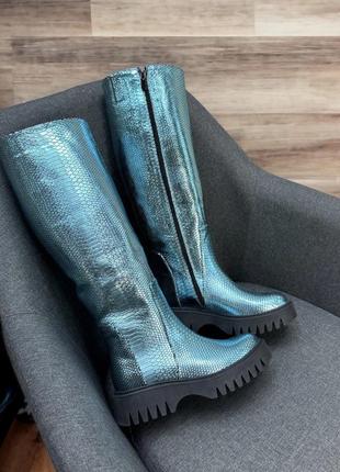 Вишукані дизайнерські блакитні чоботи alfa 🐺 шкіра пітон металік натуральна 36-41 зима демисезон