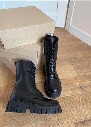Чорні черевики з шнурками берци з натуральної шкіри масивні zara чёрные ботинки из...
