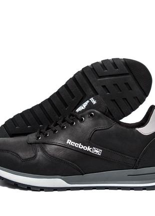 Мужские кожаные кроссовки  reebok classic leather  black (в стиле)