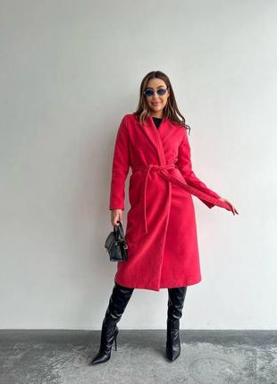 Пальто халат на запах с поясом длинный кэмэл красный черный кашемир2 фото