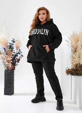 Женский спортивный костюм на флисе brooklyn oversized оверсайз повседневный черный мокко зима осень зимний осенний теплый батал больших размеров2 фото