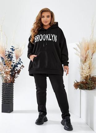 Женский спортивный костюм на флисе brooklyn oversized оверсайз повседневный черный мокко зима осень зимний осенний теплый батал больших размеров1 фото